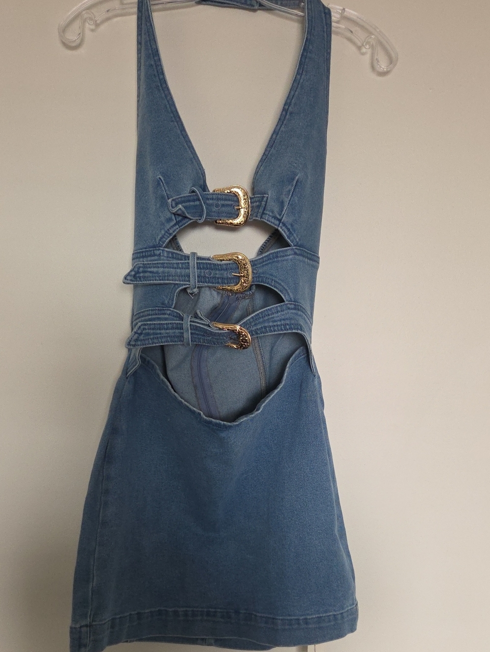 Commense Blue Denim Belted Mini Dress with Gold Buckles